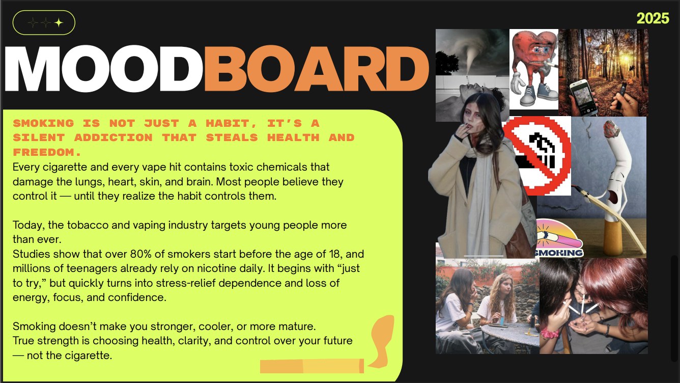 Presentation moodboard slide combining campaign references, an image collage and a bright yellow-green text panel