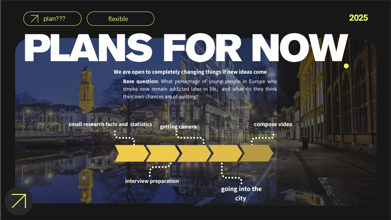 Presentation planning slide with a city photograph and an illustrated sequence of project steps